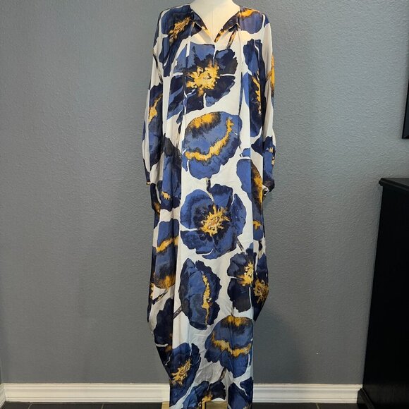 HOUSE OF AZOIIA SILK BLEND BLUE FLOWERS KAFTAN DRESS - NEW WITH TAGS - XXL/3XL - Picture 2 of 16